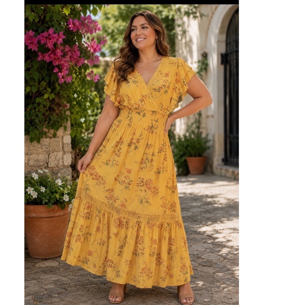 J GEE Yellow Floral Smocked Waist Midi Dress Plus Size 3X Flutter Sleeve Crochet